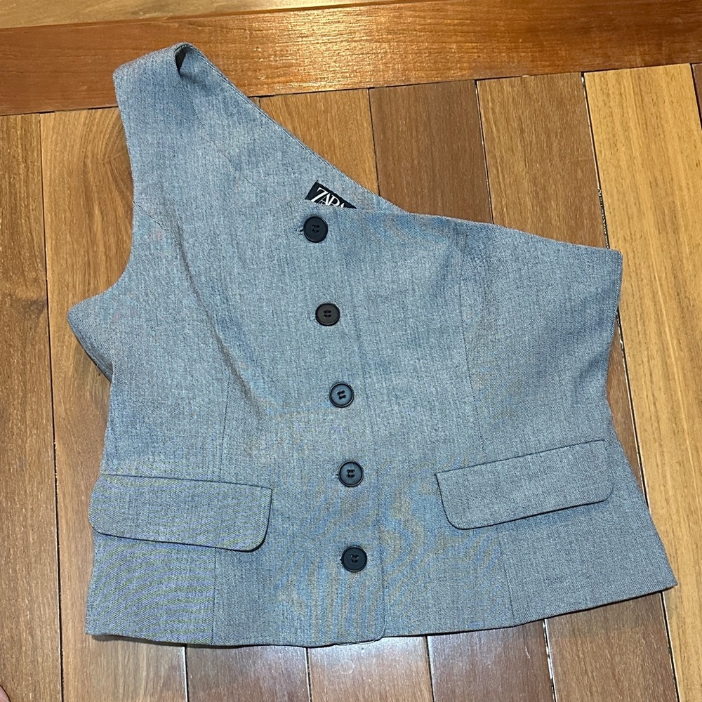 Zara One-Shoulder Blue Buttoned Vest